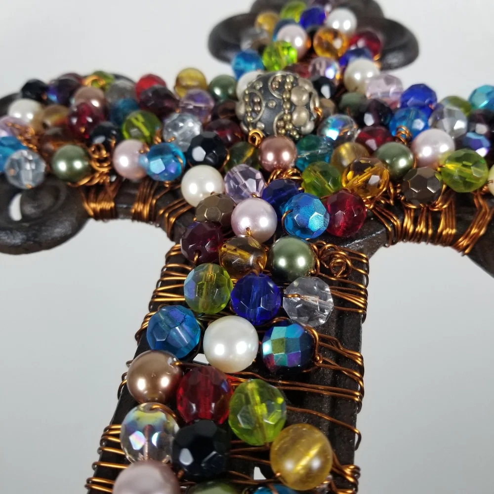 Vintage Metal Multi-Colored Beaded Wire Holiday Art Wall Cross Decoration